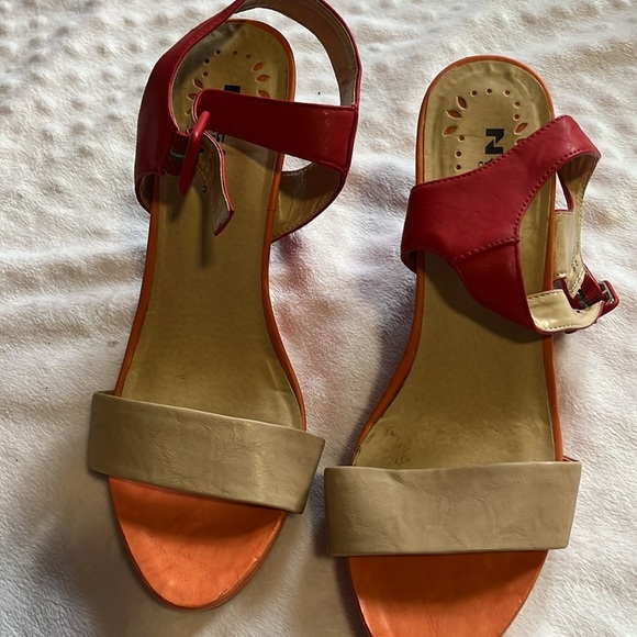 Stylish Red orange and Beige Wedge Sandals - Picture 2 of 2